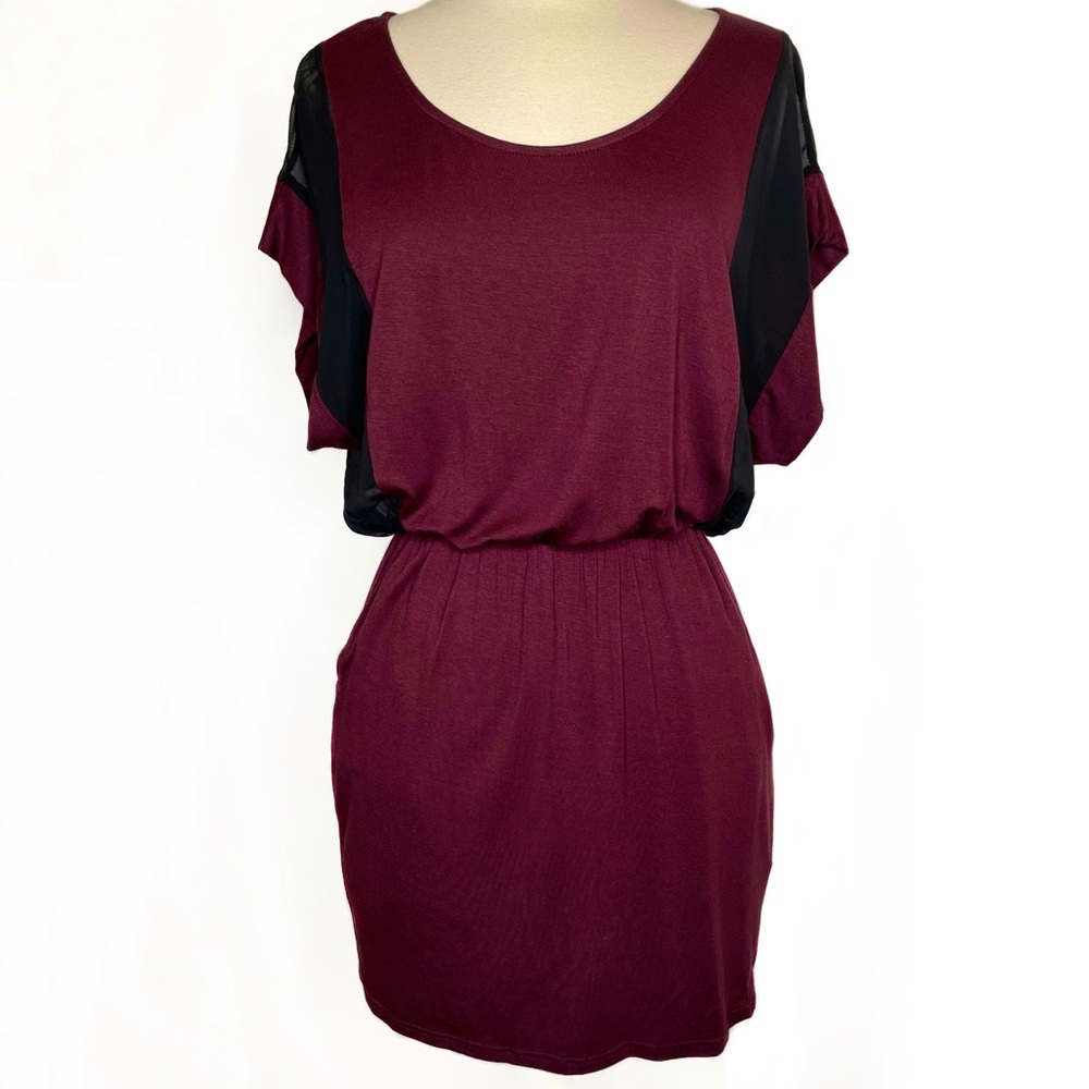 Short Sleeve Mini Casual Dress Pockets Small Stretch Sheer Panel
